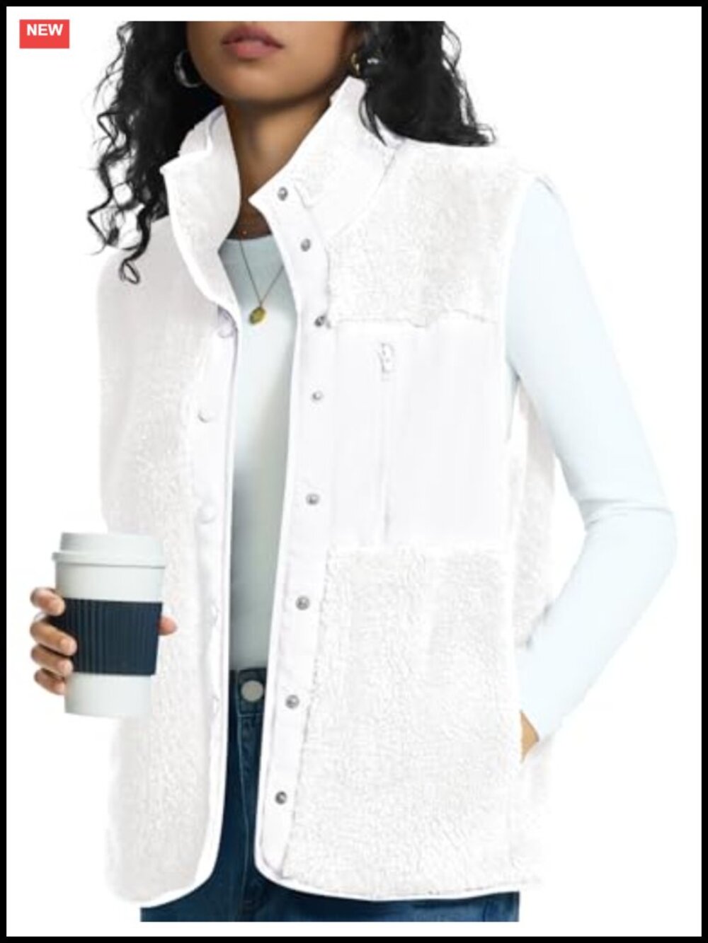 Fleece Vest Women Snap Button Sherpa Sleeveless Winter Outwear